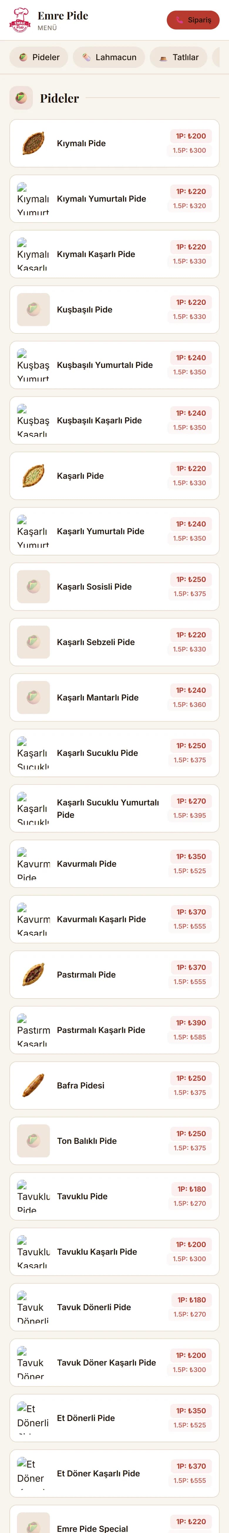 Emre Pide'nin QR menüsü telefonda